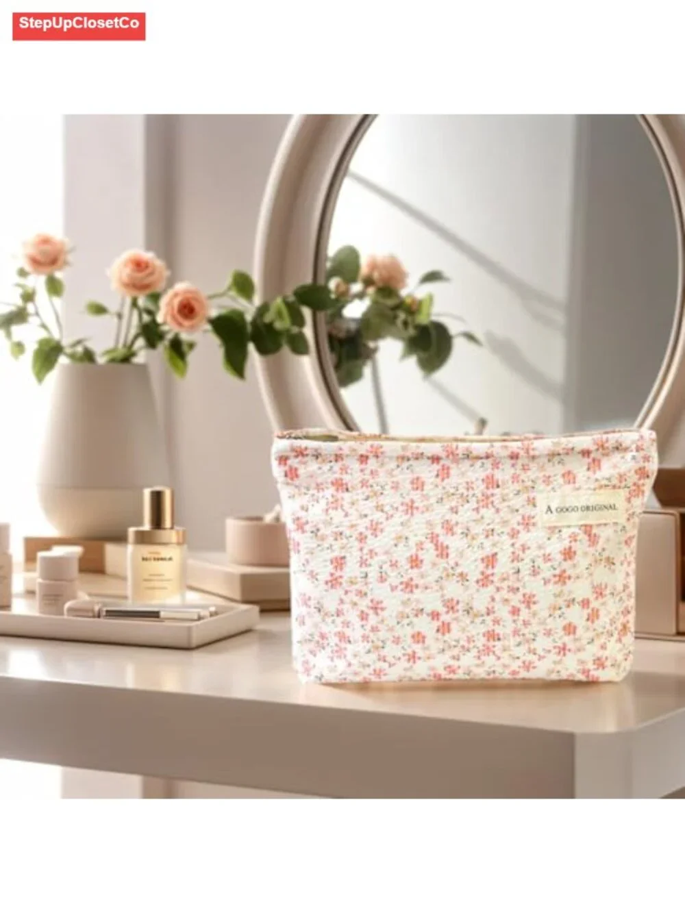 Quilted Floral Cotton Makeup Bag with Zipper - Travel Cosmetic Organizer Pouch